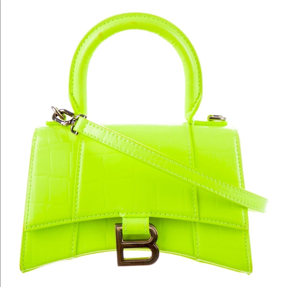 Balenciaga XS neon yellow croc embossed hourglass bag